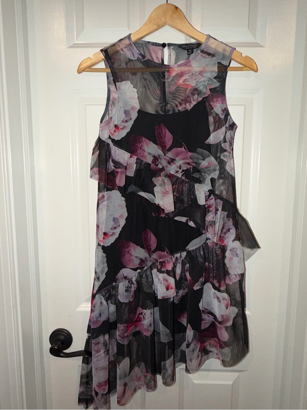 Miss Selfridge Sleeveless Floral Mesh A-Line Dress - Black & Pink size 2